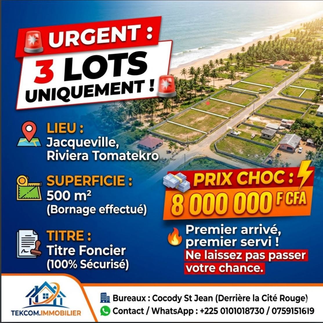 trois (03) terrain en vente Jacqueville, Riviera Tomatekro